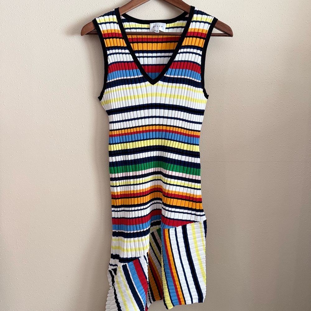 Milly Striped Knit Dress Asymmetrical Hem V Neck Multicolor Size L - Picture 9 of 13